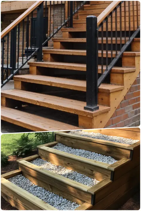 Wooden stairs with black railings and brick wall background, with Outdoor steps made of wood with gravel filling between the steps