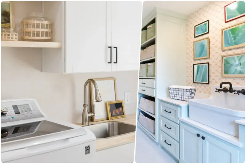Bright laundry room with modern fixtures and decorative wall art in pastel tones