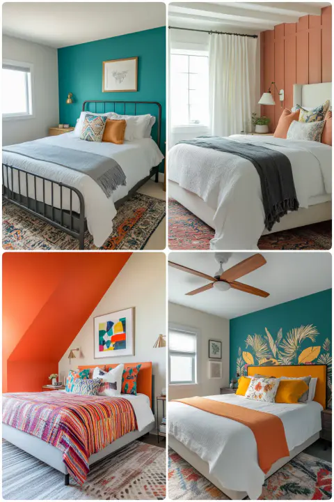 Colorful bedrooms with vibrant walls and stylish bedding featuring patterned throws and cushions