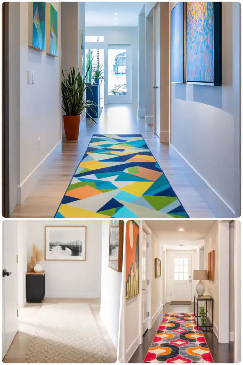 Colorful hallway decor with geometric rugs and modern wall art designs