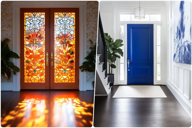 Colorful stained glass doors and a modern blue front door in stylish entryways