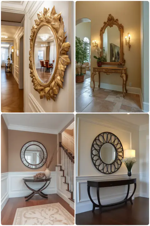 Elegant hallway decor featuring ornate mirrors stylish furniture and warm color schemes