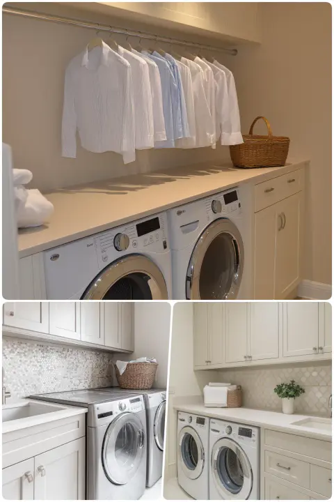 Elegant laundry room displaying hanging shirts modern washers and organized countertop space