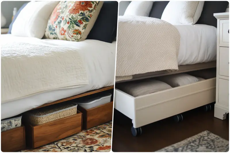 Modern bedroom featuring stylish under-bed storage solutions and decorative bedding accents