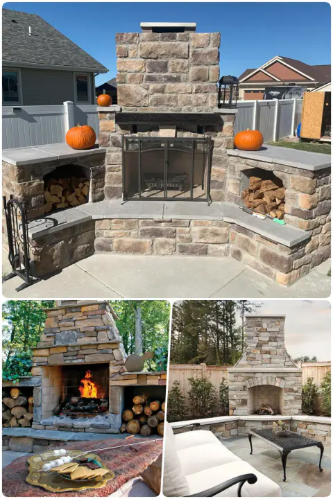 Outdoor stone fireplaces create inviting spaces for gatherings with seating and firewood storage