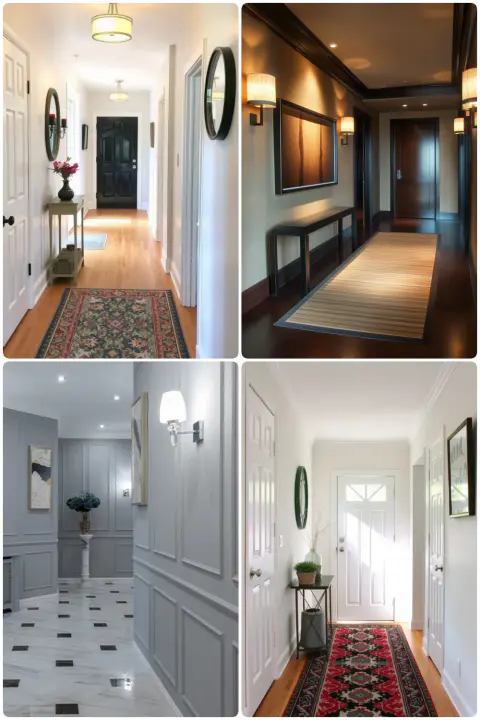 Stylish hallways with decorative mirrors artwork rugs and potted plants in elegant color schemes