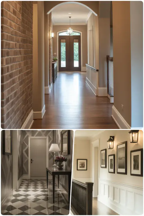 gorgeous hallway decor with brick walls classic lighting and vintage-style framed artwork
