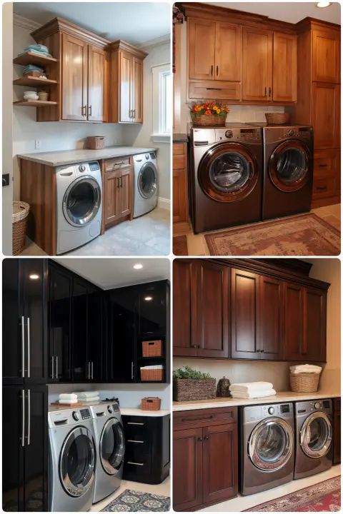 laundry rooms with rich wood cabinetry and modern appliances in various finishes