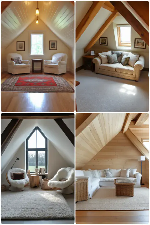 Cozy attic sitting areas with comfortable furniture warm lighting and natural wood accents