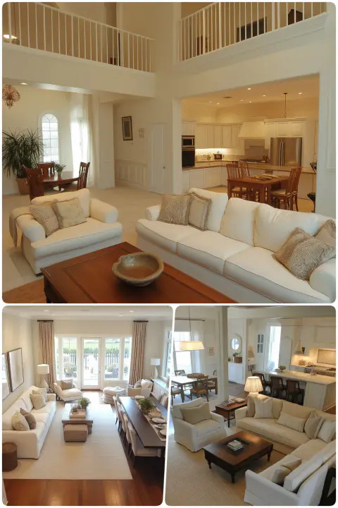 Spacious living and dining room combination featuring elegant furniture natural light and open layout