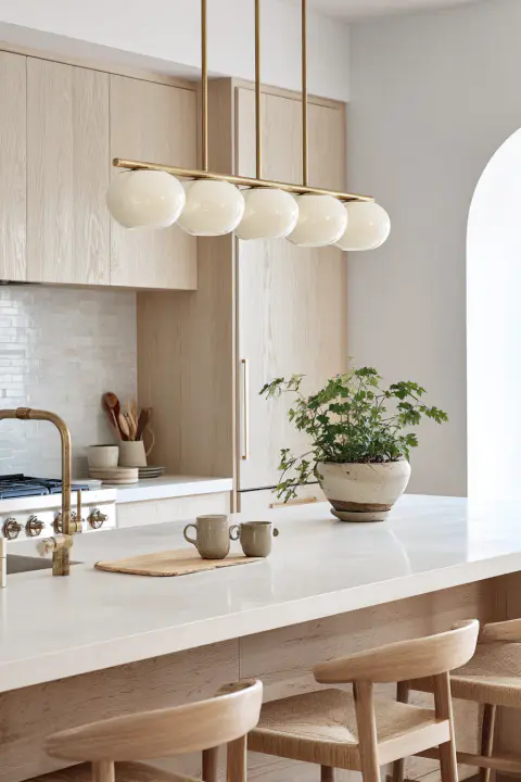 A bright Scandinavian kitchen design showcasing a chic brass linear pendant as the main ceiling light over the island. This elegant kitchen ceiling light solution enhances the clean and airy aesthetic.