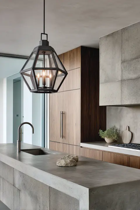 A minimalist, geometric black lantern pendant light serves as a striking centerpiece over a concrete island in a contemporary kitchen, a perfect example of modern kitchen ceiling lights.