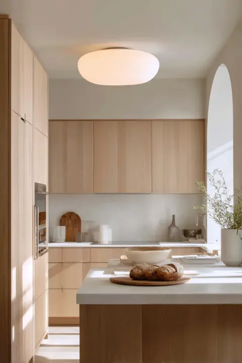 A minimalist white ceramic semi-flush mount kitchen ceiling light installed in a serene, Japandi-style kitchen with light wood cabinets. This simple fixture is a perfect example of modern kitchen overhead lights.