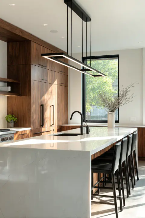 A modern kitchen featuring a stunning black linear chandelier as the primary ceiling light over a long white island. This minimalist kitchen ceiling light fixture provides a clean, architectural look perfect for contemporary homes.