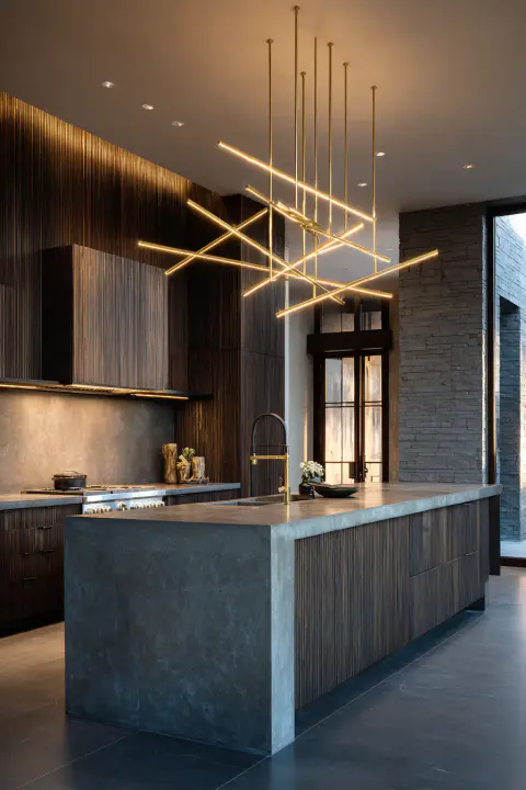 A modern, sculptural brass chandelier serves as the focal point in a minimalist kitchen. This unique kitchen ceiling light fixture provides artistic illumination over a concrete island.