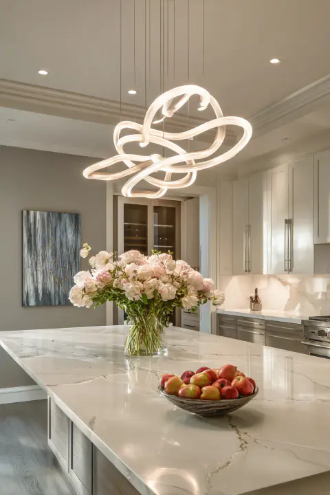 A stunning, sculptural LED kitchen light fixture serves as a centerpiece over a large island. This image highlights how powerful LED technology can be both a primary light source and a beautiful, energy-efficient design element for any kitchen ceiling.