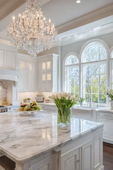 An elegant crystal kitchen chandelier hangs over a white marble island, a stunning example of luxury kitchen ceiling lights. This bright and airy kitchen design showcases statement lighting.