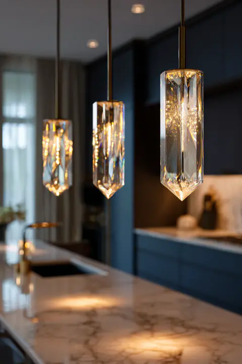 An elegant trio of rectangular crystal pendant lights for the kitchen island. This image showcases three glamorous crystal fixtures providing warm ceiling light over a modern marble countertop and navy cabinets, offering perfect inspiration for luxurious kitchen ceiling lighting.