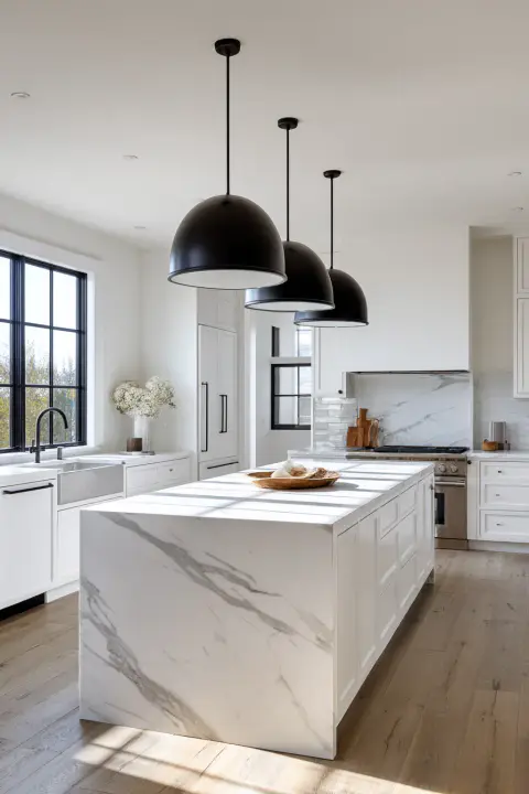 Bold matte black dome pendant lights providing a striking contrast over a white marble island in a modern, minimalist kitchen. This kitchen ceiling light idea offers a dramatic and sophisticated focal point for contemporary home design