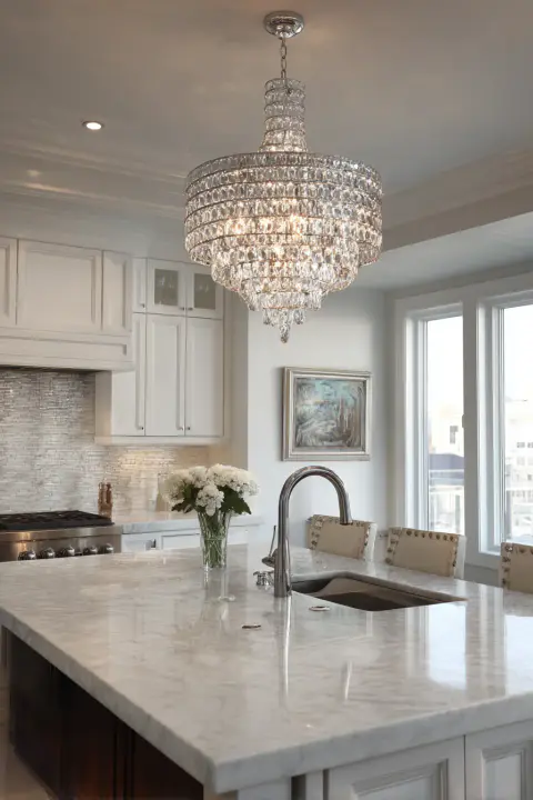 Luxurious white kitchen island with marble countertop, modern sink, and elegant crystal chandelier. Features a built-in stainless steel range, white shaker cabinets, and textured tile backsplash. Perfect for modern kitchen design, home decor inspiration
