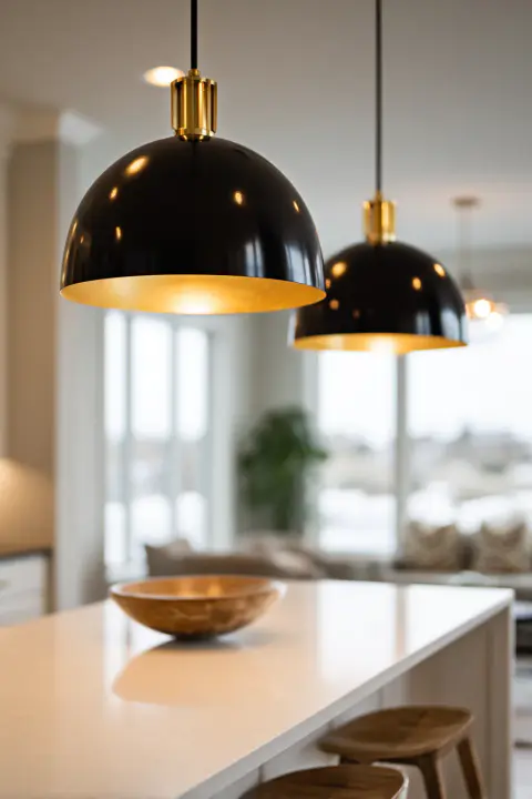 Modern black and gold pendant lights hanging above a white kitchen island with a wooden bowl. Interior design, kitchen lighting, home decor, contemporary style, luxury kitchen, minimalist aesthetic, island lighting, pendant lamps