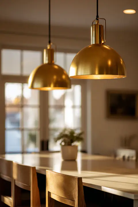 Modern black and gold pendant lights over a white kitchen island. Contemporary kitchen design, luxury home decor, minimalist aesthetic, island lighting ideas