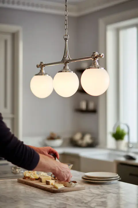 Modern kitchen pendant light fixture with three opal glass globes over a marble countertop where someone is preparing a cheese board. Ideal for contemporary kitchen design, dining room lighting, and home decor inspiration