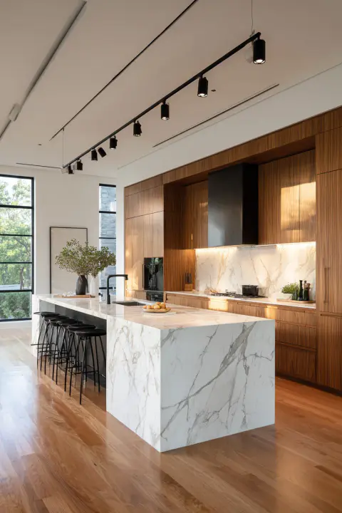 Sleek modern kitchen featuring a black track lighting system with adjustable LED spotlights over a white marble waterfall island. An inspiring example of modern kitchen ceiling lights for a clean, contemporary home.