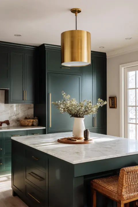 Modern kitchen design with dark green cabinetry, white marble countertops, and a large kitchen island. Features a brass pendant light, integrated refrigerator, and stylish decor. Perfect for contemporary kitchen inspiration, green kitchen cabinets, marble kitchen island, and luxury home design