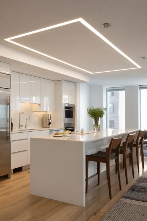 Contemporary white kitchen. Modern kitchen island with seating. Sleek minimalist design. White cabinets, stainless steel. Luxury kitchen Rio. Apartment kitchen decor. Interior design inspiration