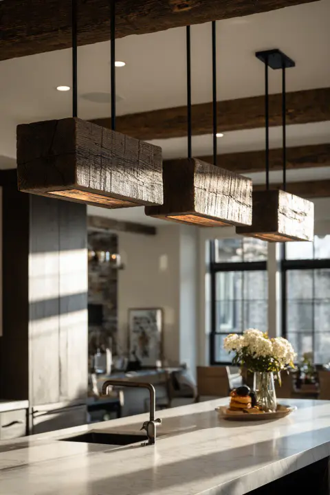 Stunning modern rustic kitchen island featuring three pendant lights crafted from a reclaimed wood beam and dark metal. This kitchen lighting idea perfectly blends farmhouse charm with modern design