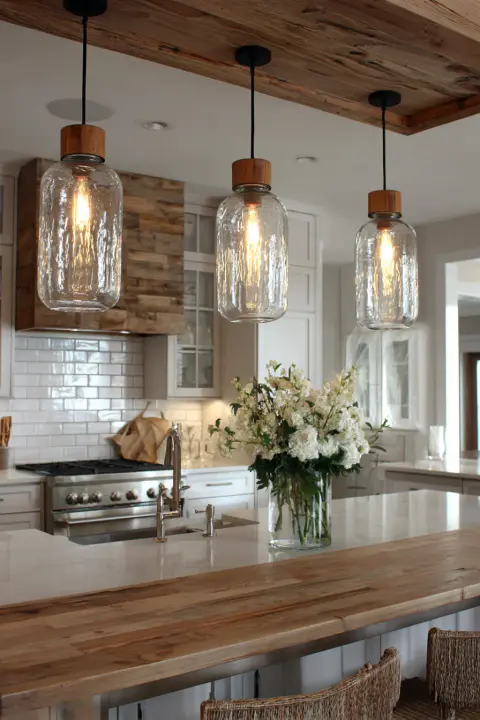 Modern farmhouse kitchen with rustic wood accents, white subway tile backsplash, and three clear glass pendant lights hanging over a large kitchen island. Features a wooden breakfast bar, stainless steel range, and a vase of white flowers. Ideal for kitchen design ideas, farmhouse decor, and home interior inspiration