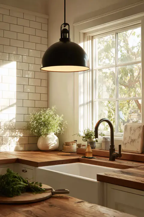 A classic matte black dome pendant light hangs as a stylish kitchen ceiling light fixture over a deep white farmhouse sink. This perfect kitchen sink light provides a warm, focused glow for washing up in a cozy, rustic kitchen with butcher block counters.