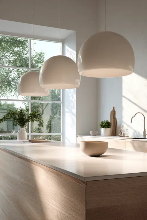 Modern minimalist kitchen island with light wood cabinetry, white countertop, and three large dome pendant lights. Bright natural light streams through a large window overlooking lush greenery. Features a ceramic bowl, small plants, and a sleek faucet, perfect for Scandinavian interior design, clean aesthetic, and contemporary home decor.