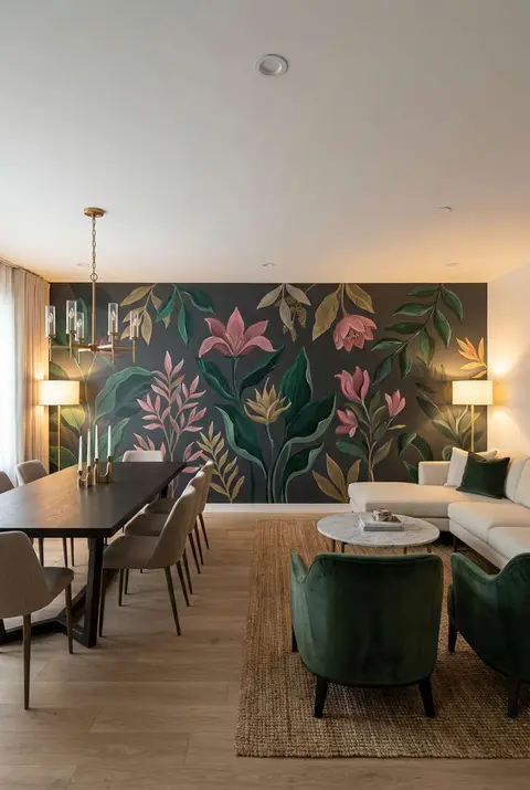 Open-concept dining and living space featuring a bold dark floral wallpaper mural with botanical designs, paired with a dark wood dining table, white sectional sofa, and green velvet armchairs.