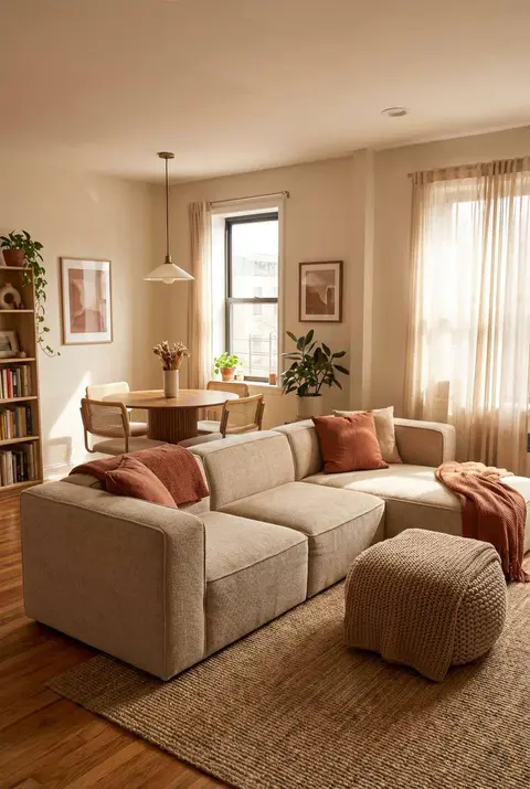 Sun-drenched modern apartment featuring a beige modular sectional sofa accented with rust-colored throw pillows and a textured blanket. The open-concept space includes a knitted pouf ottoman, a large jute area rug, and a dining nook with a round wooden table and rattan chairs near the bright window.