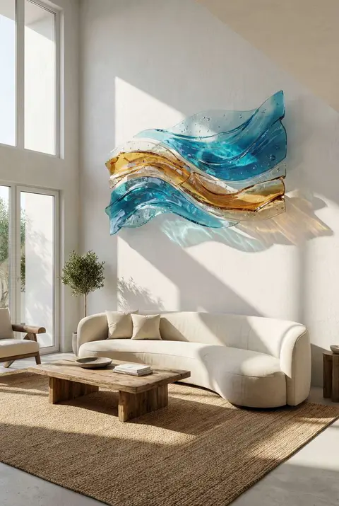 Organic modern living space highlighting a large abstract blue and amber glass wave wall sculpture mounted above a curved beige sofa, rustic wooden coffee table, and natural jute rug.
