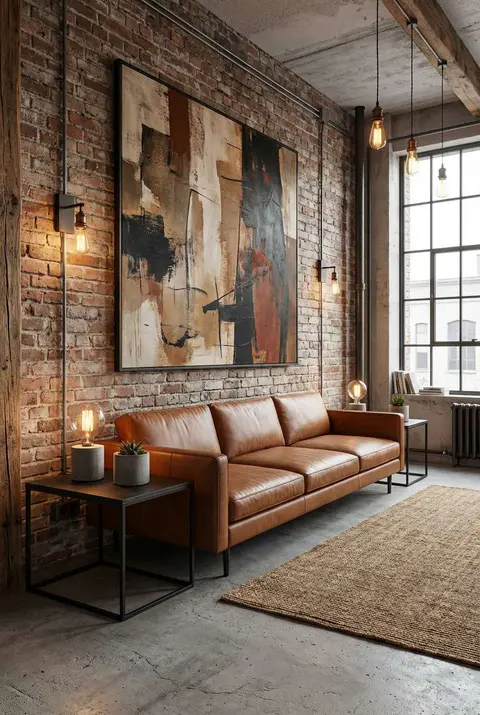 Industrial loft living room showcasing exposed red brick walls and a modern cognac leather sofa. The masculine space features oversized abstract artwork, hanging Edison bulb pendant lights, polished concrete floors, and a large black-framed warehouse window.