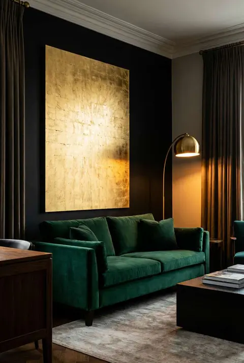 Moody luxury living room design with a matte black accent wall, showcasing an oversized gold leaf abstract painting, a deep emerald green velvet sofa, and a modern brass arched floor lamp.