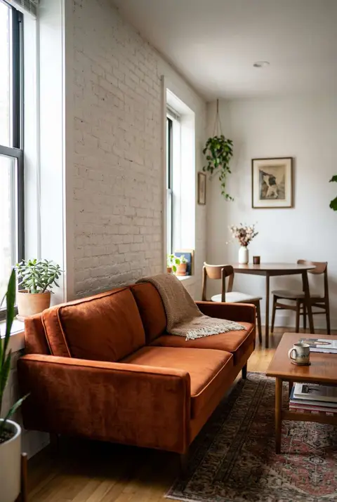 Mid-century modern living room featuring a burnt orange velvet sofa against an exposed white brick wall, with a vintage rug, wooden coffee table, and a dining area near a bright window.