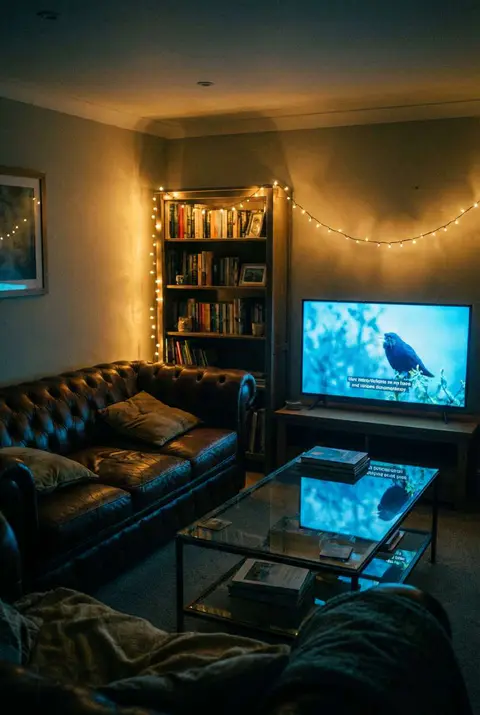 Moody living room setup for movie night featuring a dark leather Chesterfield sofa, a glass coffee table reflecting the TV screen, and warm string lights draped over a bookshelf.