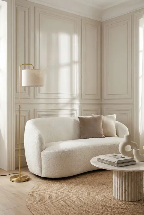 Elegant minimalist living area with a curved white bouclé sofa, a brass floor lamp, and a round jute rug set against classic white paneled walls with architectural molding.