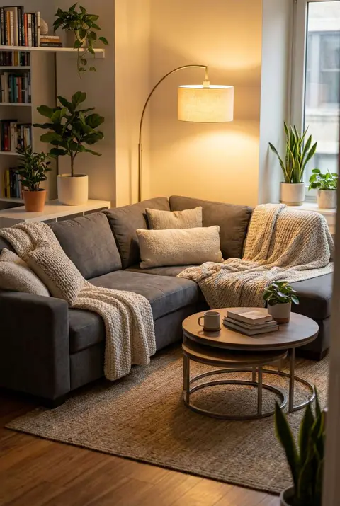 Cozy bohemian living room corner featuring a grey sectional sofa layered with chunky knit textures and throw pillows. A warm gold arc floor lamp illuminates the space, accented by wooden nesting coffee tables, a jute rug, and vibrant indoor potted plants on white shelves.