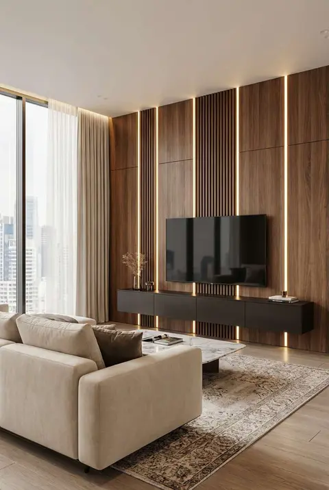 Contemporary living room design showcasing a wood slat accent wall with integrated vertical LED lighting strips, a mounted flat-screen TV, floating black media console, and a beige modular sofa.