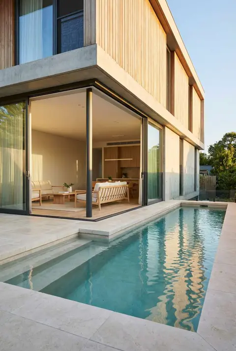 Modern two-story home exterior featuring light wood vertical siding and concrete accents, with large sliding glass doors opening to a rectangular, light-colored patio and a narrow swimming pool reflecting the interior living space with minimalist light wood furniture. Contemporary architecture, indoor-outdoor living, architectural photography