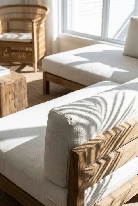 Close-up of a sunlit white linen sofa cushion with distinct palm leaf shadows cast across it, accompanied by a rustic wooden side table and a rattan chair in a bright coastal living space.