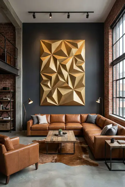 Industrial loft living room with exposed brick walls and concrete floors, centered around a massive golden 3D geometric wall sculpture hanging above a brown leather sectional sofa and cowhide rug.