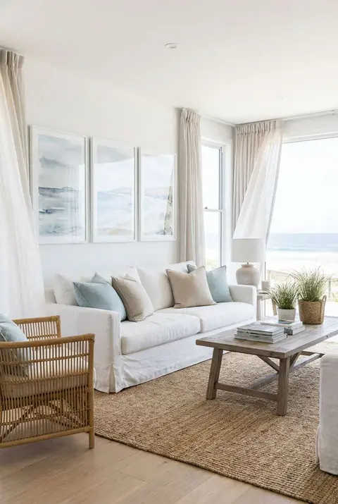 Breezy coastal living room featuring a white linen sofa with blue pillows, a rattan armchair, and a natural jute rug, complemented by a triptych of ocean watercolor paintings and sheer curtains framing a sea view.