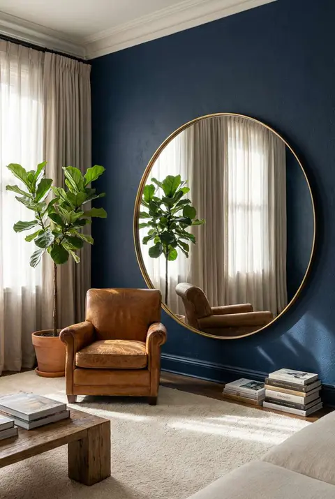 Cozy modern reading nook with a deep blue accent wall, an oversized round gold mirror, and a vintage brown leather armchair positioned next to a large fiddle leaf fig plant and floor-stacked books.