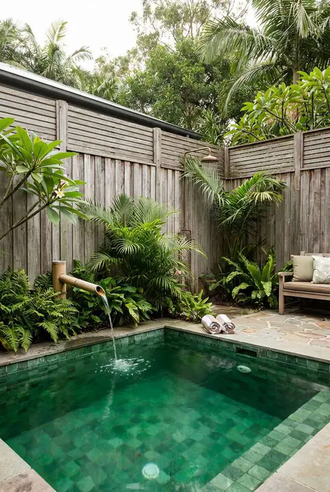 Small, square plunge pool with deep emerald green mosaic tile interior, set in a secluded tropical backyard oasis with a bamboo water spout feature cascading into the water, surrounded by lush ferns and palm plants against a weathered wood slat privacy fence. Outdoor shower fixture visible above the dense foliage. Japanese soaking tub, spa pool, jungle garden